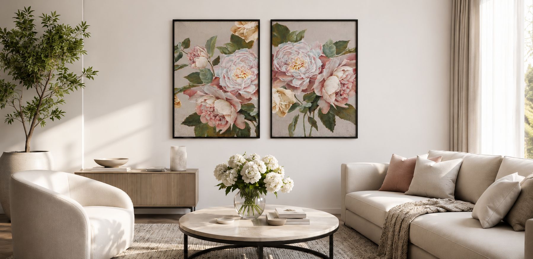 Beautifully styled living room with art