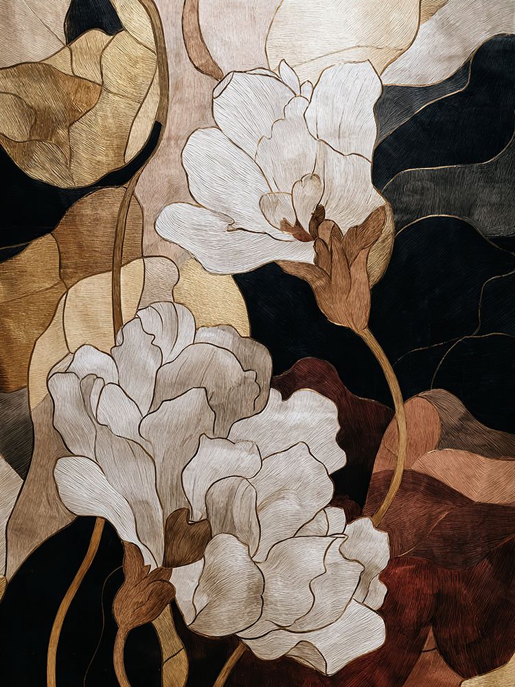White Magnolia Gold Black Abstract Floral