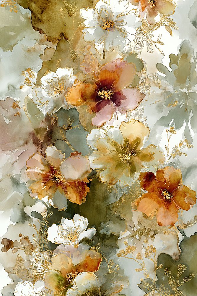Peach White Wildflowers Watercolor Soft Gold