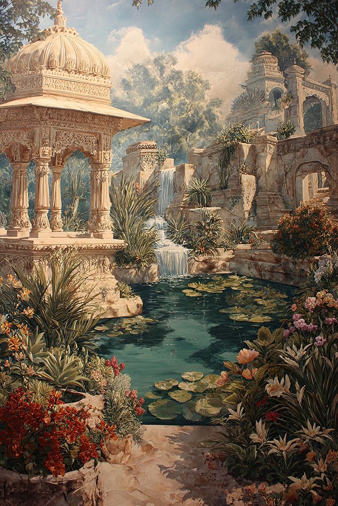 Indian Palace Garden Pond Flowers Blue Sky