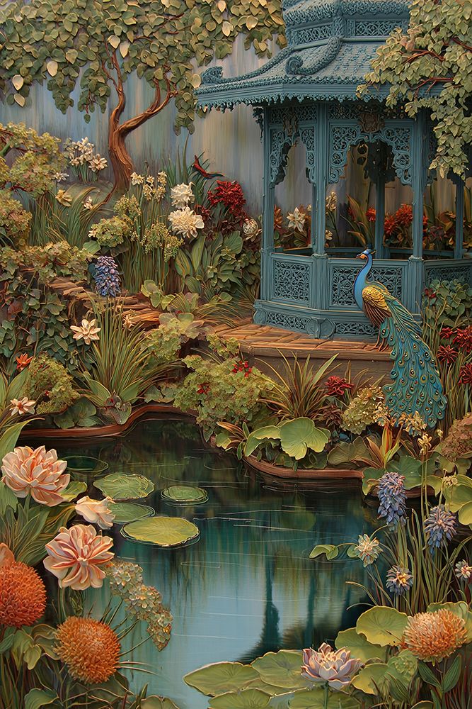 Garden Pavilion Pond Flowers Peacock Gazebo