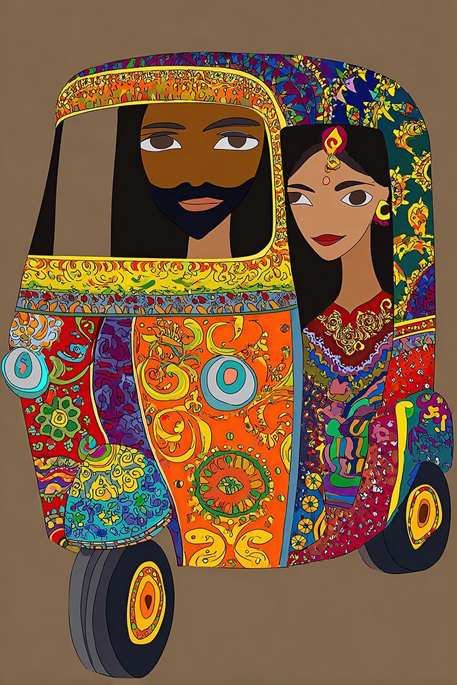 Indian Woman Folk Art Colorful Traditional Teal Red