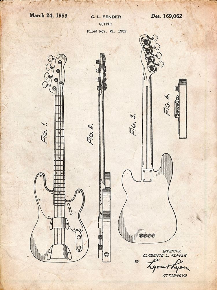 PP8-Vintage Parchment Fender Precision Bass Guitar Patent Poster