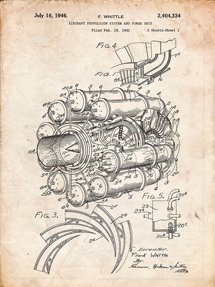 PP14-Vintage Parchment Jet Engine Patent Poster