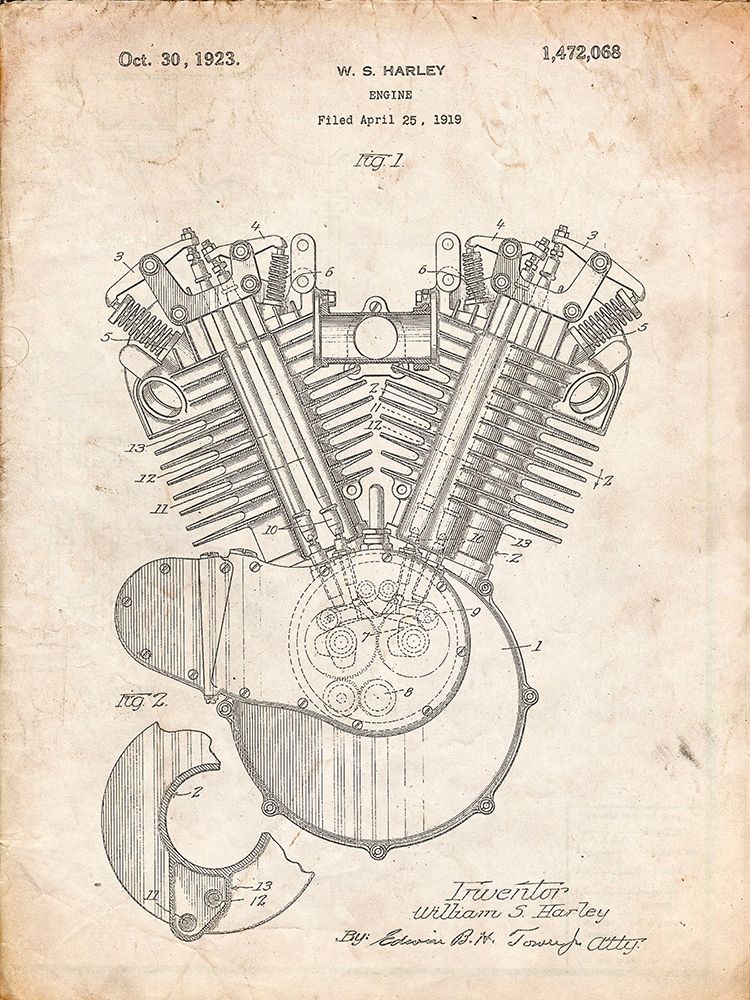 PP24-Vintage Parchment Harley Davidson Engine 1919 Patent Poster