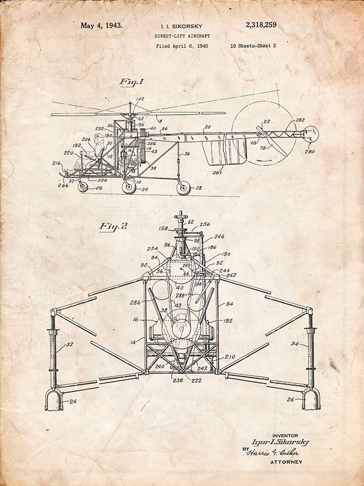 PP28-Vintage Parchment Sikorsky S-47 Helicopter Patent Poster