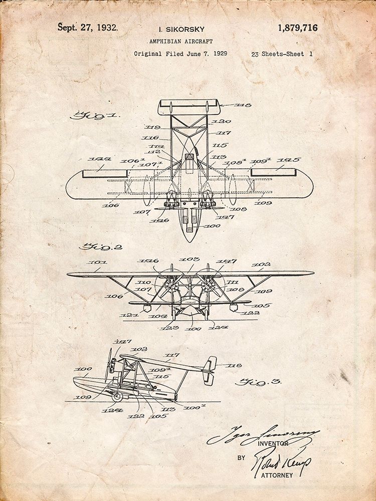 PP29-Vintage Parchment Biwing Seaplane Patent Print