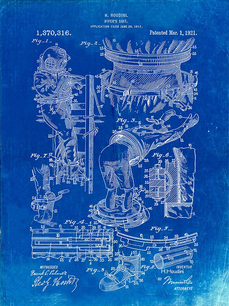 PP32-Faded Blueprint Houdini Diving Suit Patent Poster