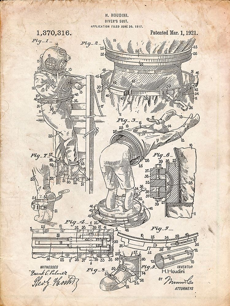 PP32-Vintage Parchment Houdini Diving Suit Patent Poster