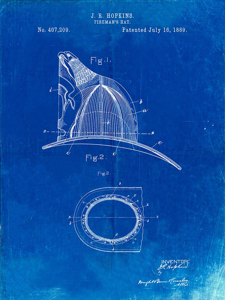 PP38-Faded Blueprint Vintage Firemans Helmet 1889 Poster