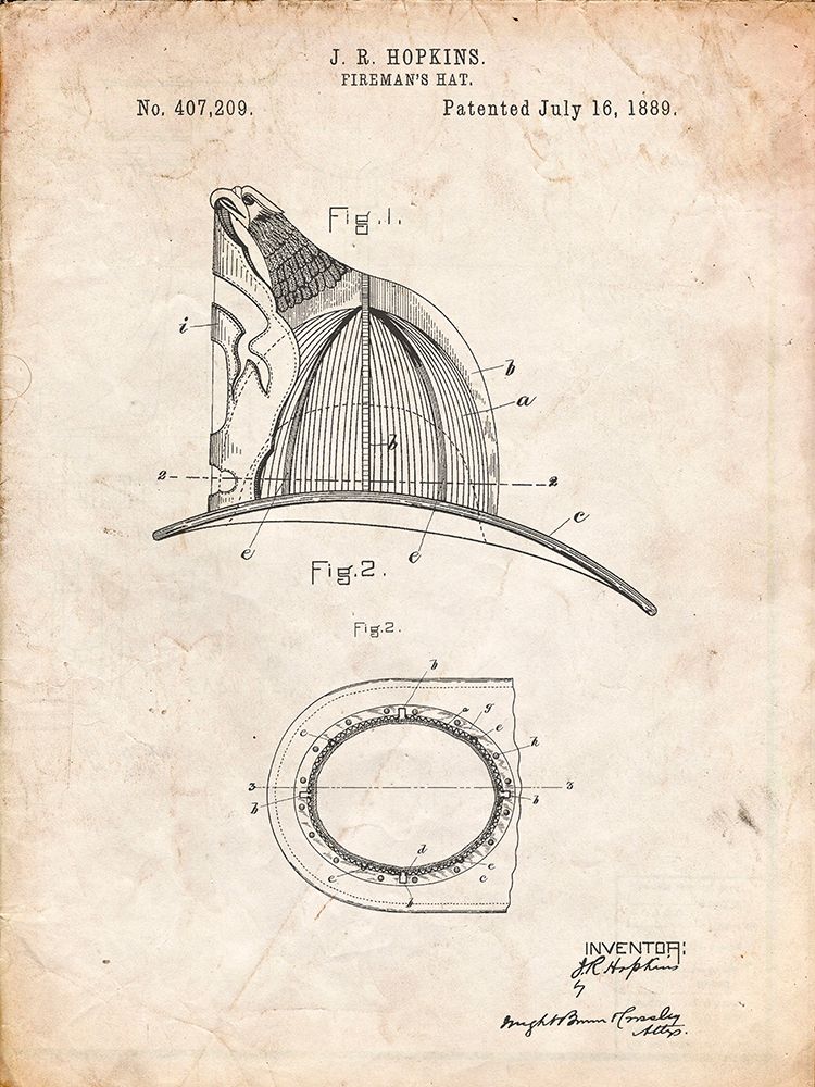 PP38-Vintage Parchment Vintage Firemans Helmet 1889 Poster