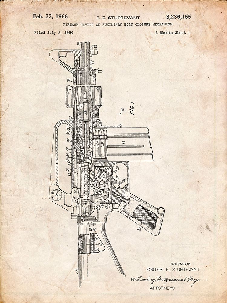 PP44-Vintage Parchment M-16 Rifle Patent Poster