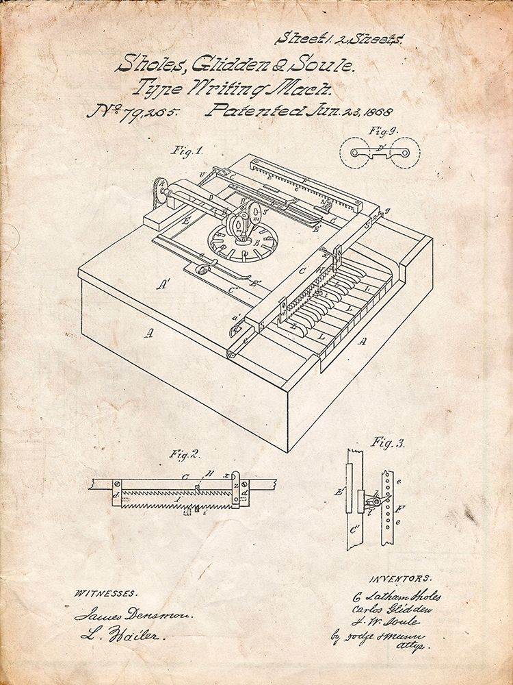PP45-Vintage Parchment Sholes and Glidden Type- Writer Patent Poster