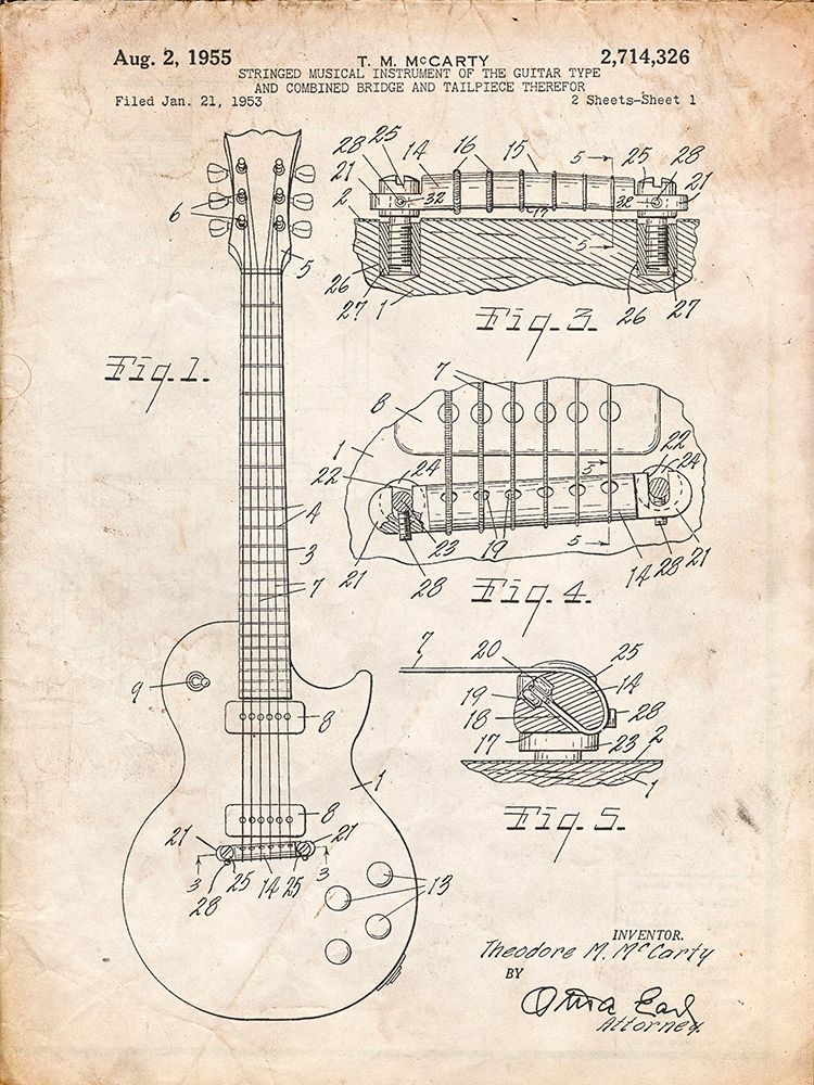PP47-Vintage Parchment Gibson Les Paul Guitar Patent Poster