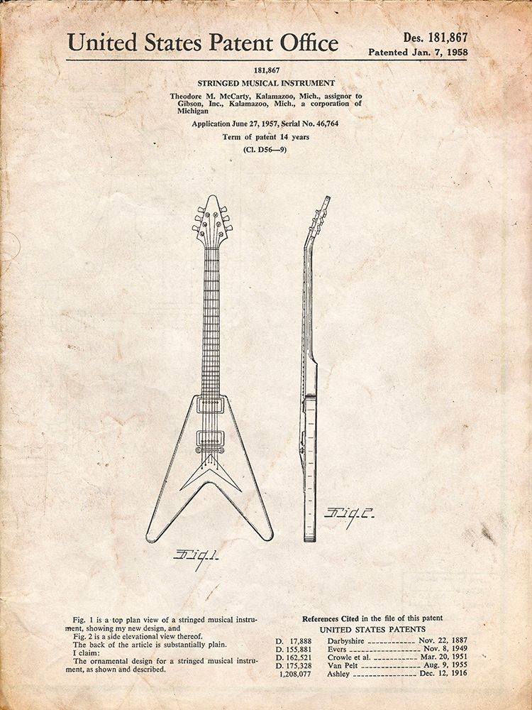 PP48-Vintage Parchment Gibson Flying V Guitar Poster