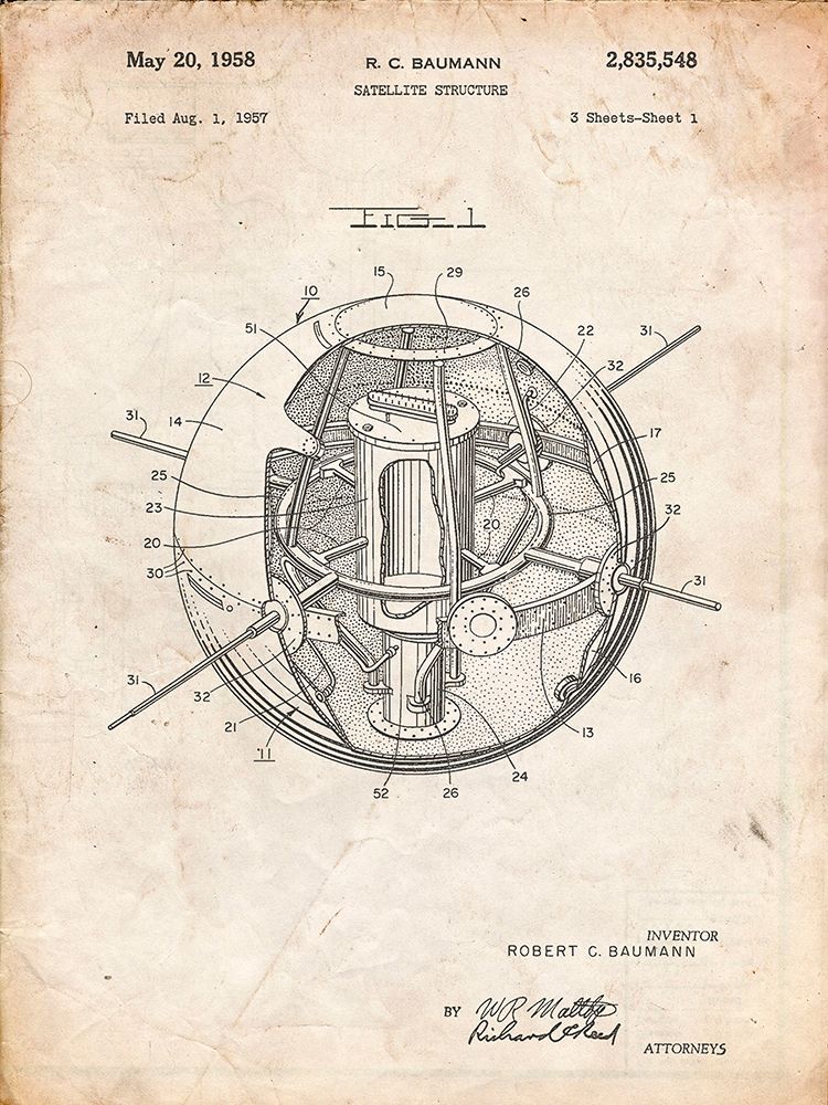 PP52-Vintage Parchment Earth Satellite Patent Poster