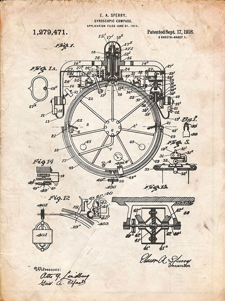 PP67-Vintage Parchment Gyrocompass Patent Poster