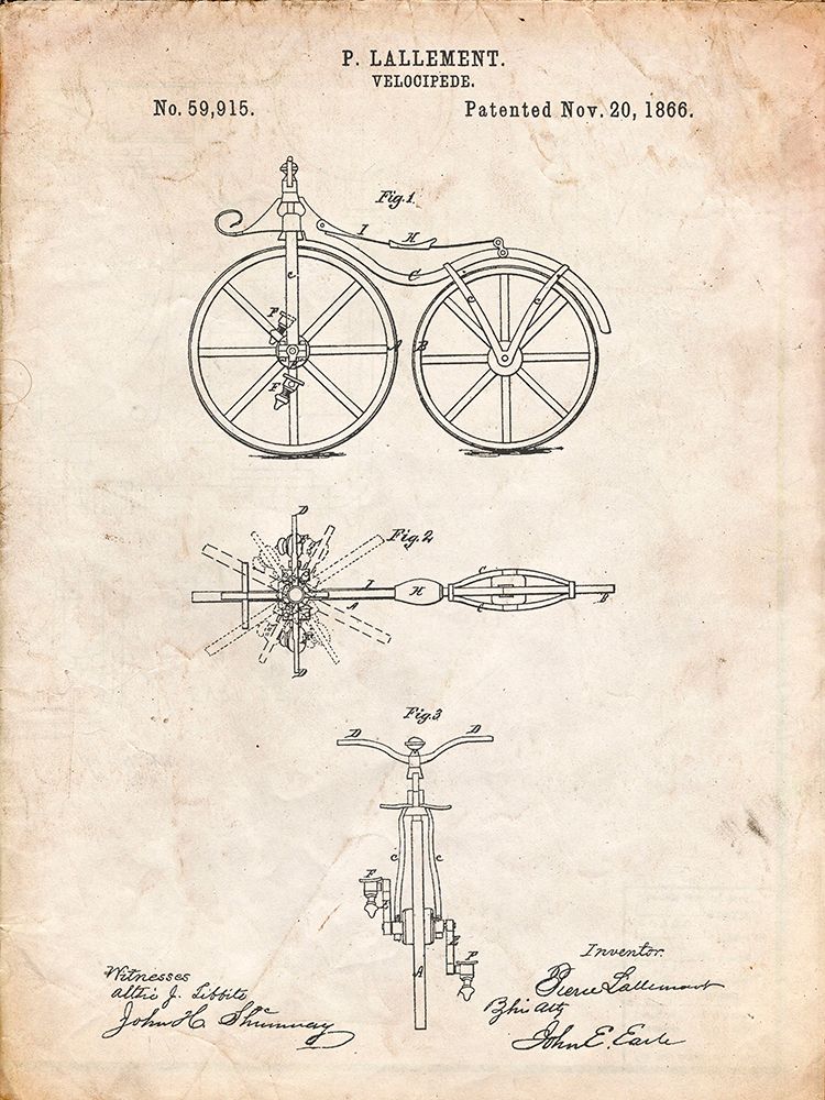 PP77-Vintage Parchment First Bicycle 1866 Patent Poster