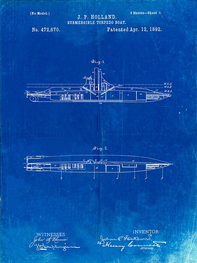 PP91-Faded Blueprint Holland Submarine Patent Poster