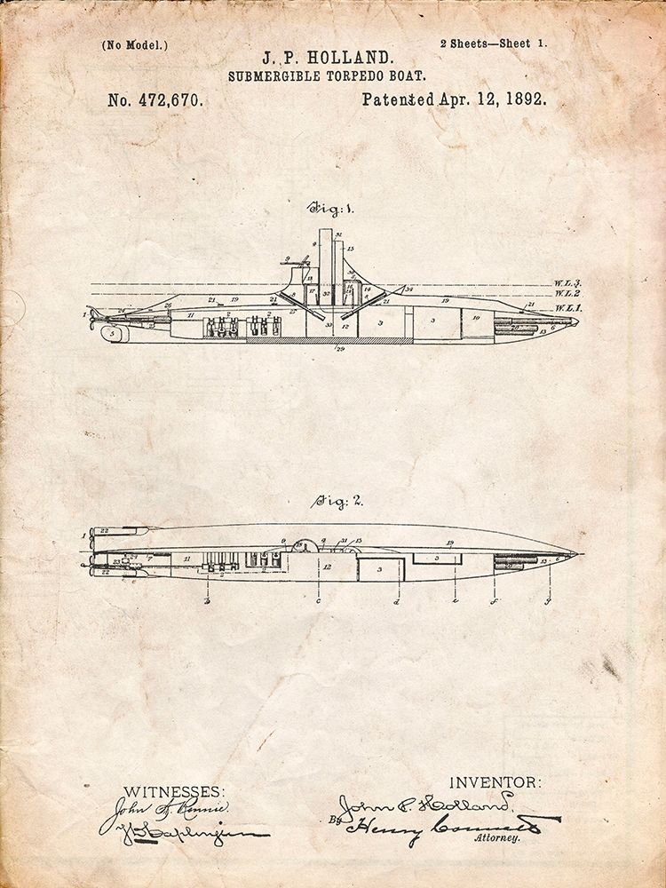 PP91-Vintage Parchment Holland Submarine Patent Poster