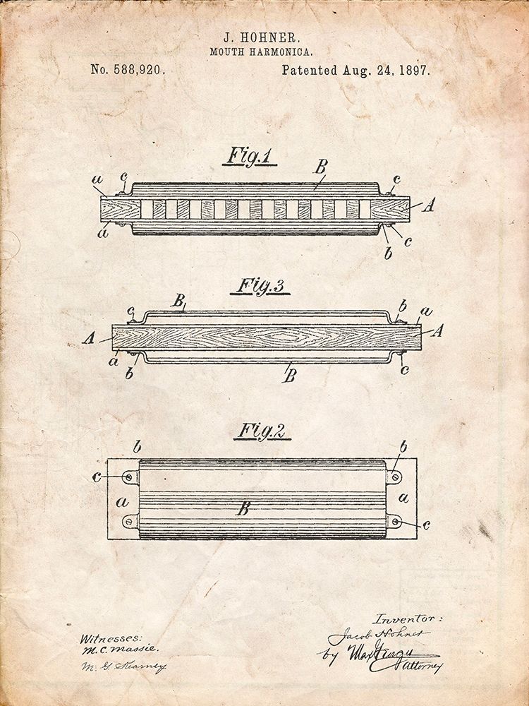 PP94-Vintage Parchment Hohner Harmonica Patent Poster