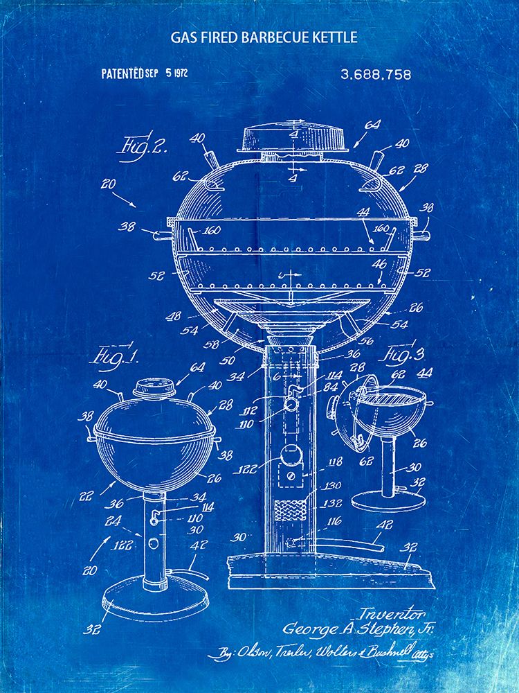 PP206-Faded Blueprint Webber Gas Grill 1972 Patent Poster