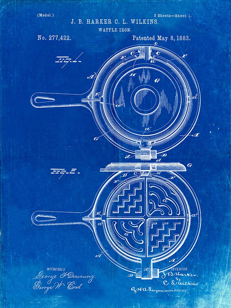 PP209-Faded Blueprint Waffle Iron Patent Poster
