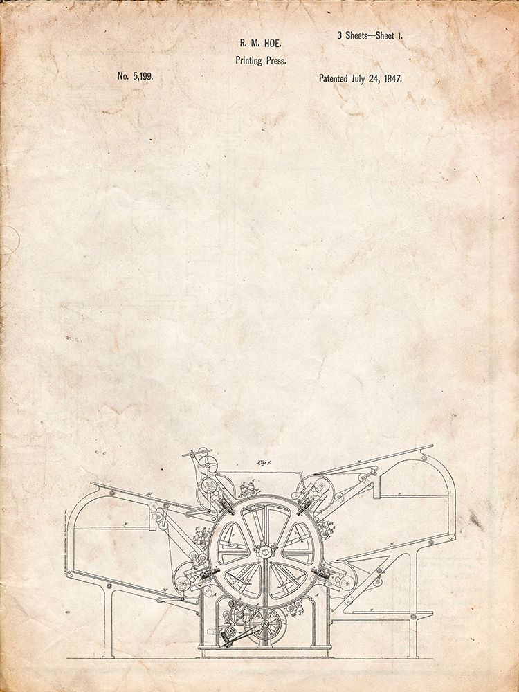 PP213-Vintage Parchment Printing Press Patent Poster