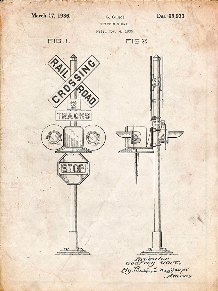 PP231-Vintage Parchment Railroad Crossing Signal Patent Poster