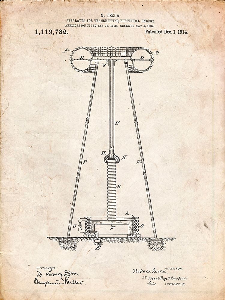 PP241-Vintage Parchment Tesla Energy Transmitter Patent Poster