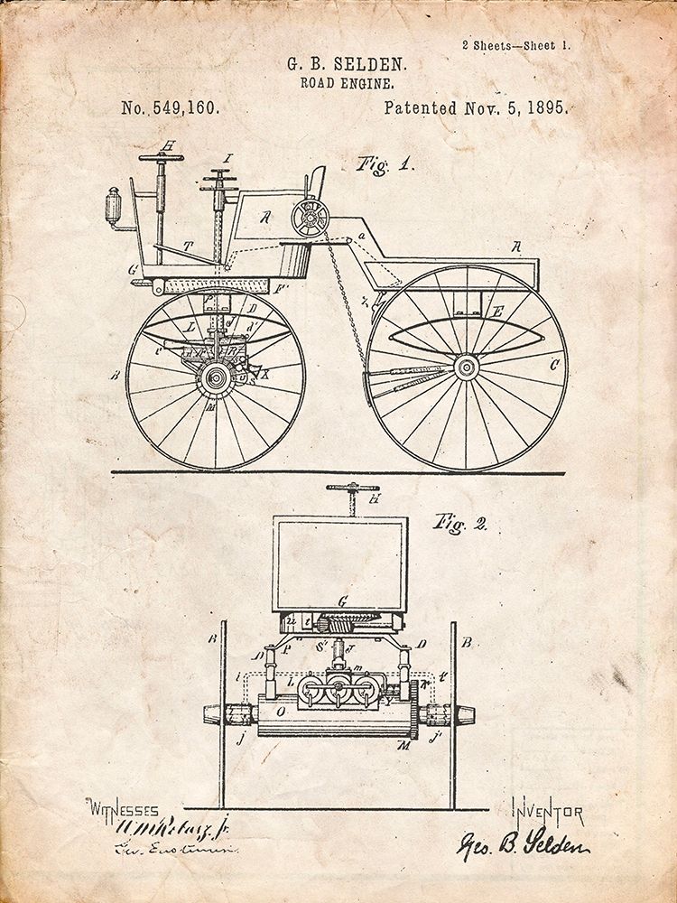 PP243-Vintage Parchment Motor Buggy 1895 Patent Print