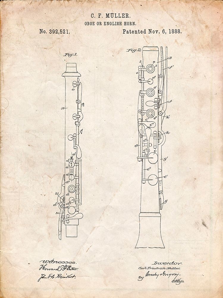 PP247-Vintage Parchment Oboe Patent Poster