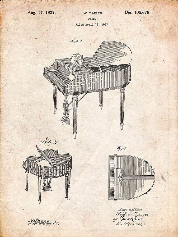 PP252-Vintage Parchment Wurlitzer Butterfly Model 235 Piano Patent Poster