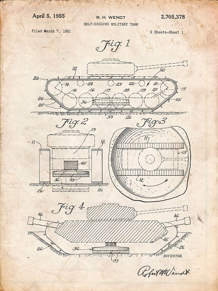 PP262-Vintage Parchment Military Self Digging Tank Patent Poster