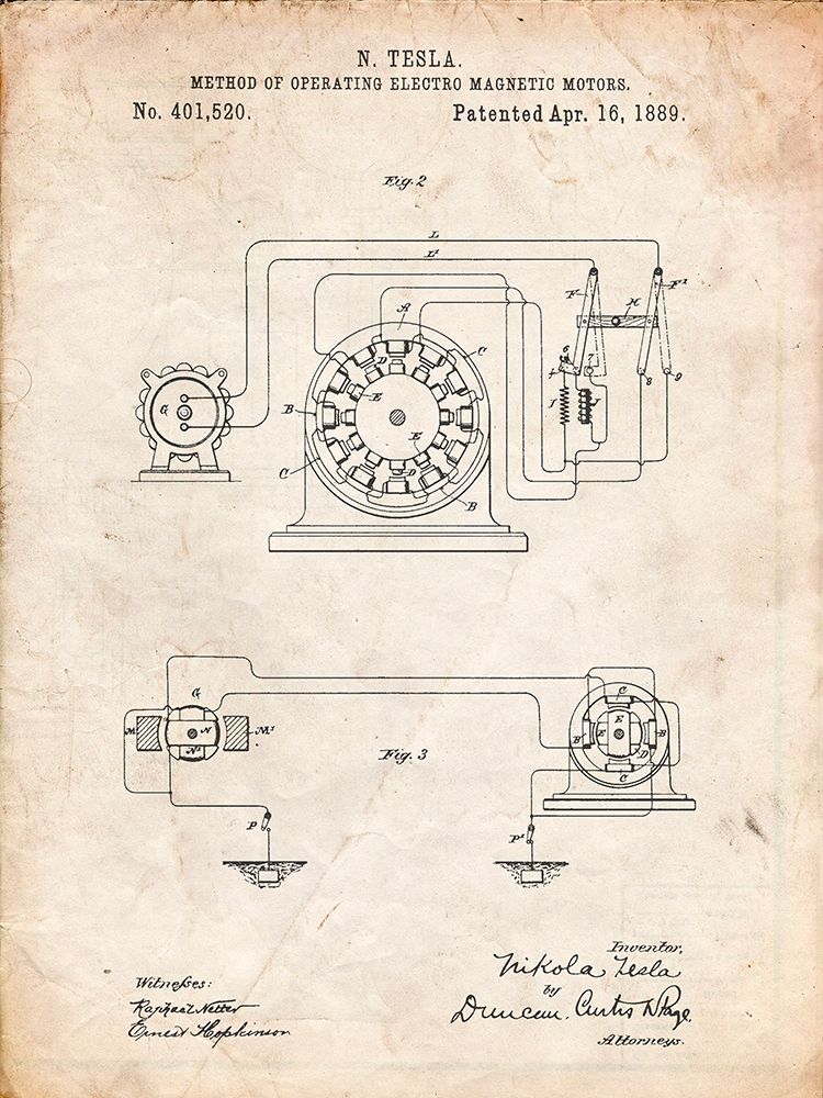 PP264-Vintage Parchment Tesla Operating Electric Motors Map Poster
