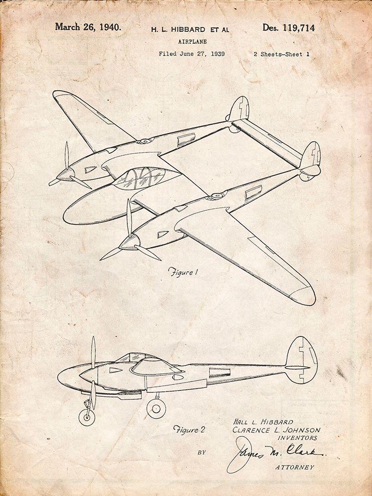 PP277-Vintage Parchment Lockheed P-38 Lightning Patent Poster