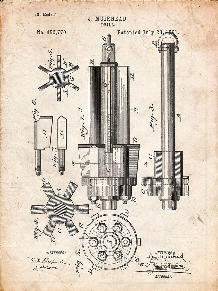 PP280-Vintage Parchment Mining Drill Tool 1891 Patent Poster