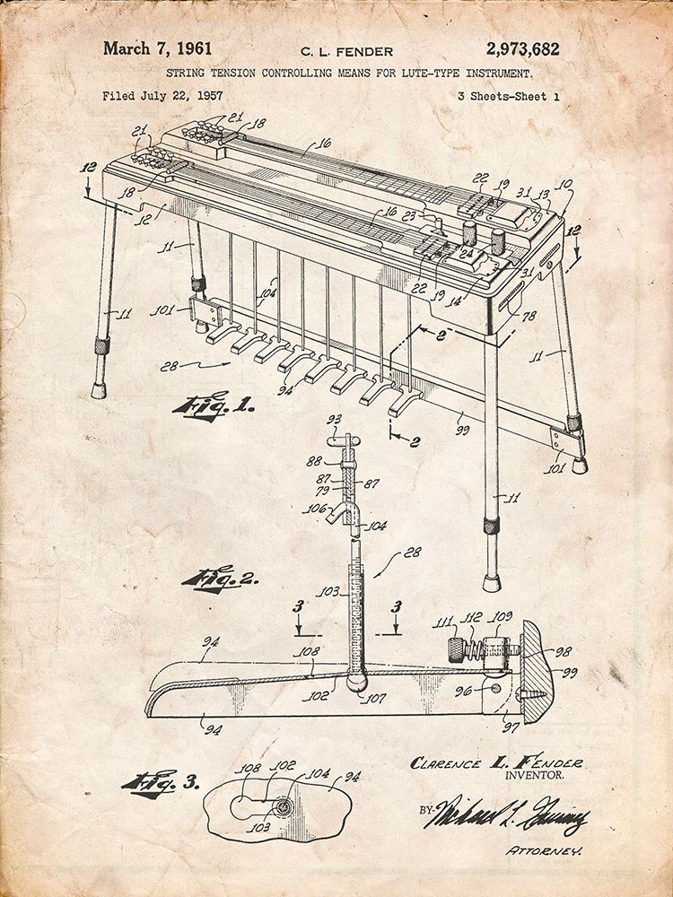 PP281-Vintage Parchment Fender Pedal Steel Guitar Patent Poster