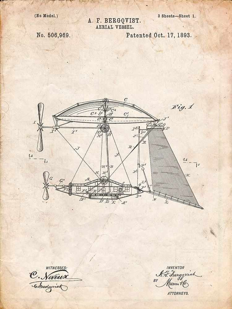 PP287-Vintage Parchment Aerial Vessel Side View Patent Poster