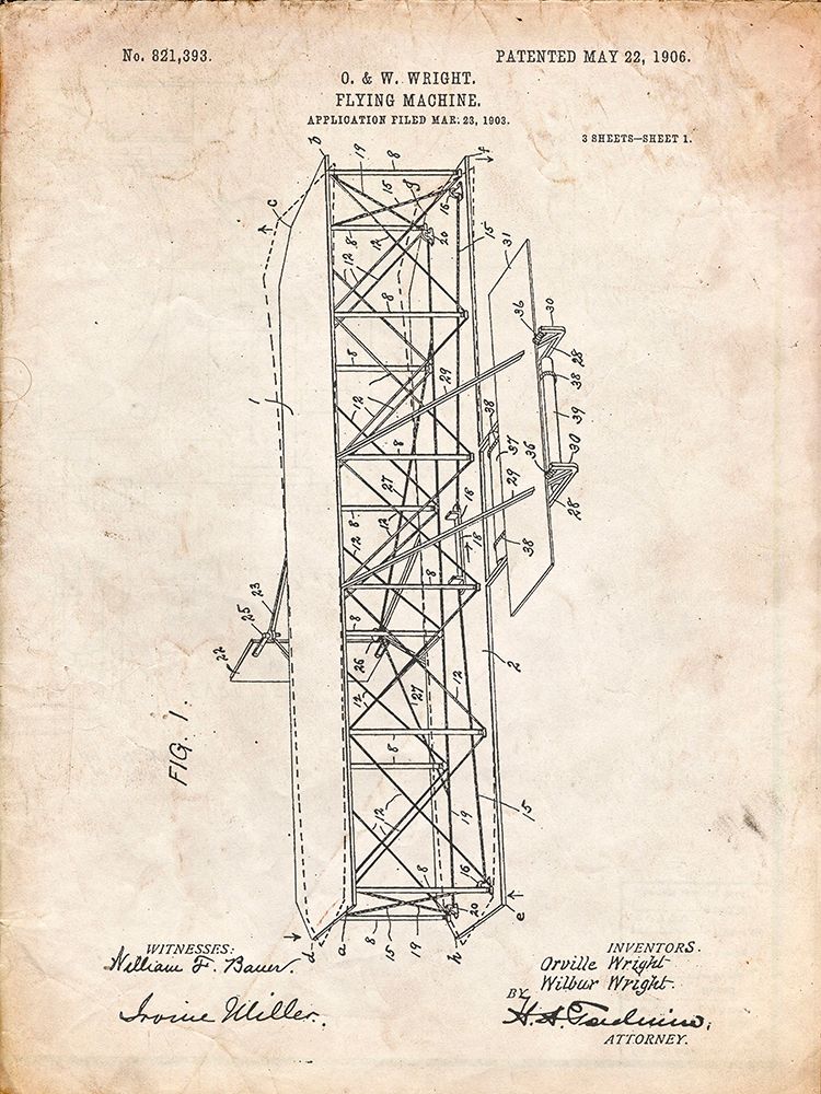 PP288-Vintage Parchment Wright Brothers Flying Machine Patent Poster