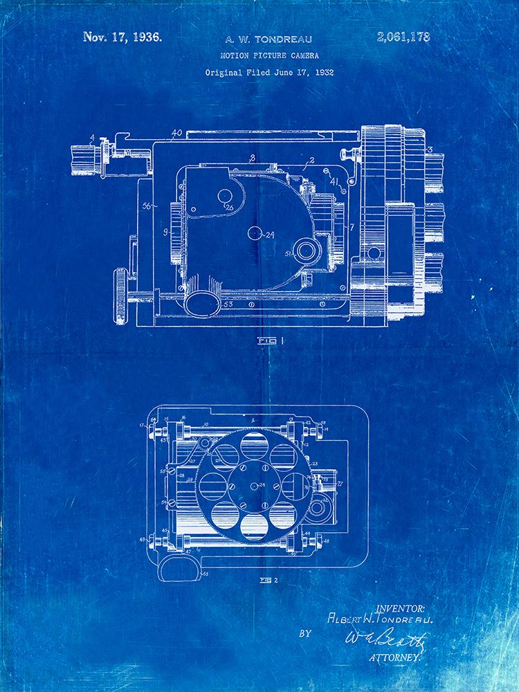 PP390-Faded Blueprint Motion Picture Camera 1932 Patent Poster