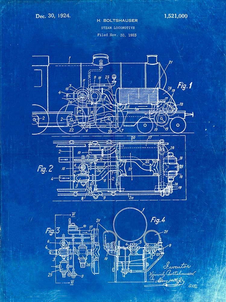 PP516-Faded Blueprint Steam Train Locomotive Patent Poster