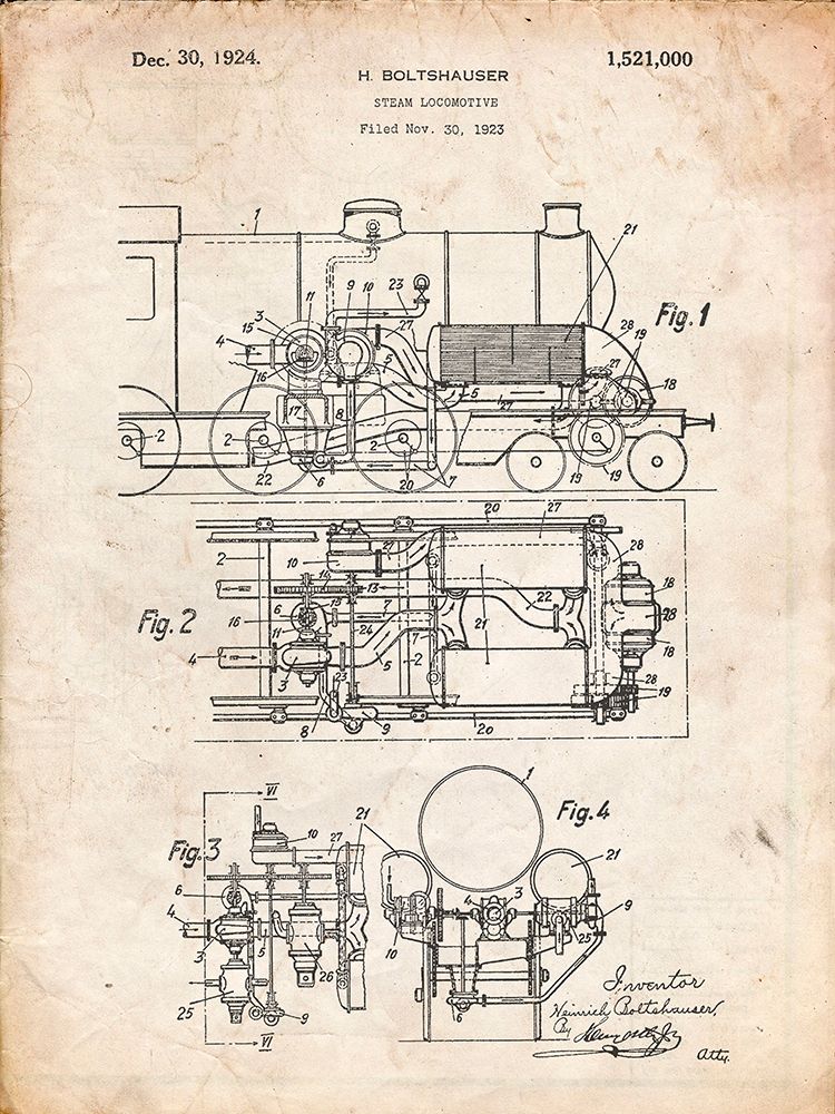 PP516-Vintage Parchment Steam Train Locomotive Patent Poster