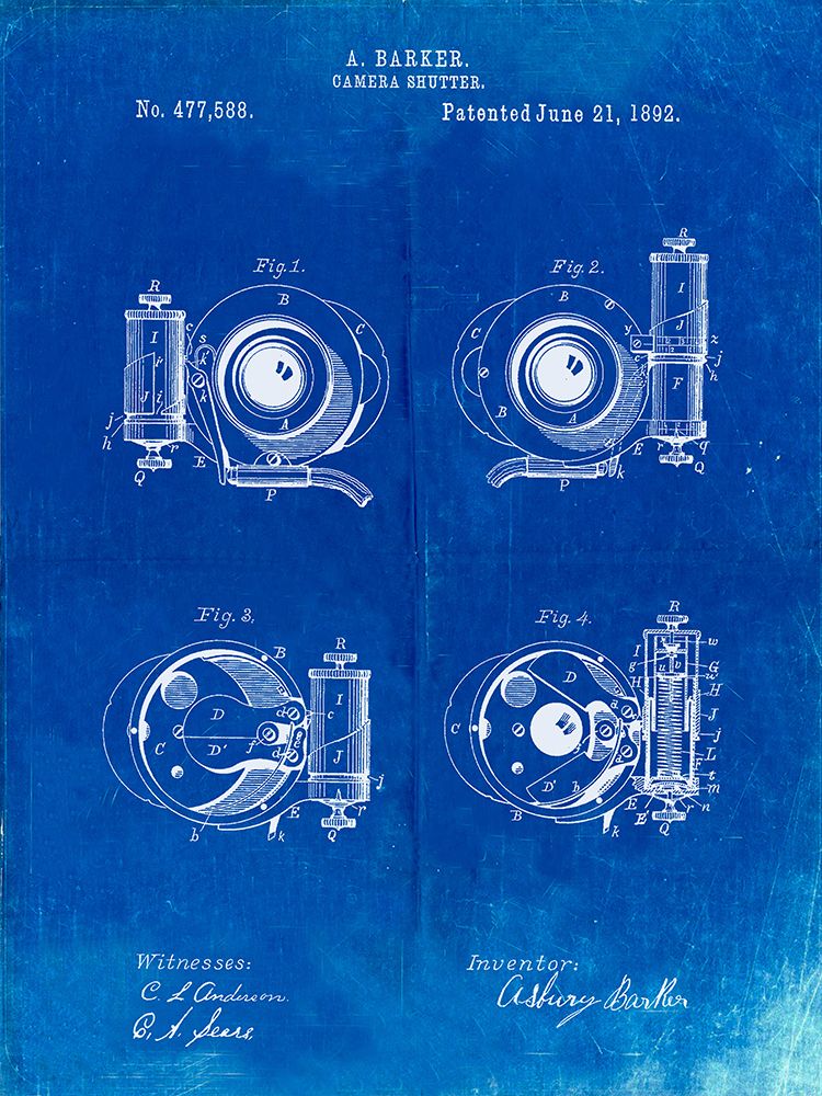 PP707-Faded Blueprint Asbury Frictionless Camera Shutter Patent Poster