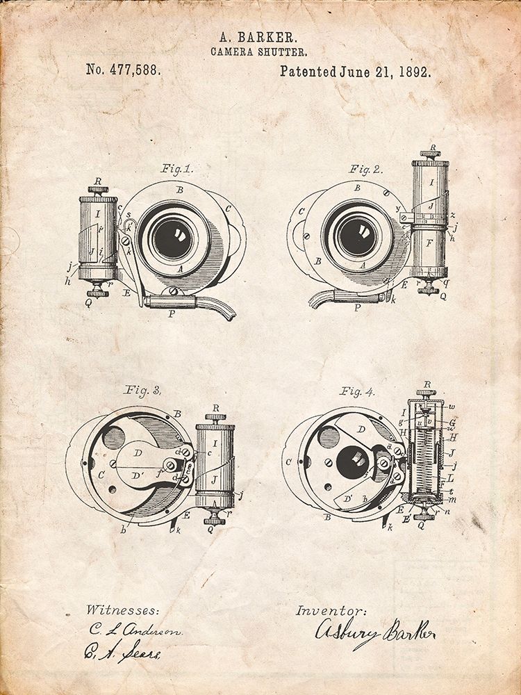 PP707-Vintage Parchment Asbury Frictionless Camera Shutter Patent Poster