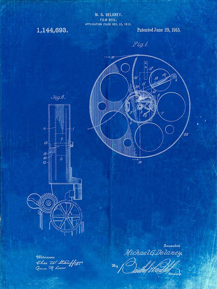 PP807-Faded Blueprint Film Reel 1915 Patent Poster