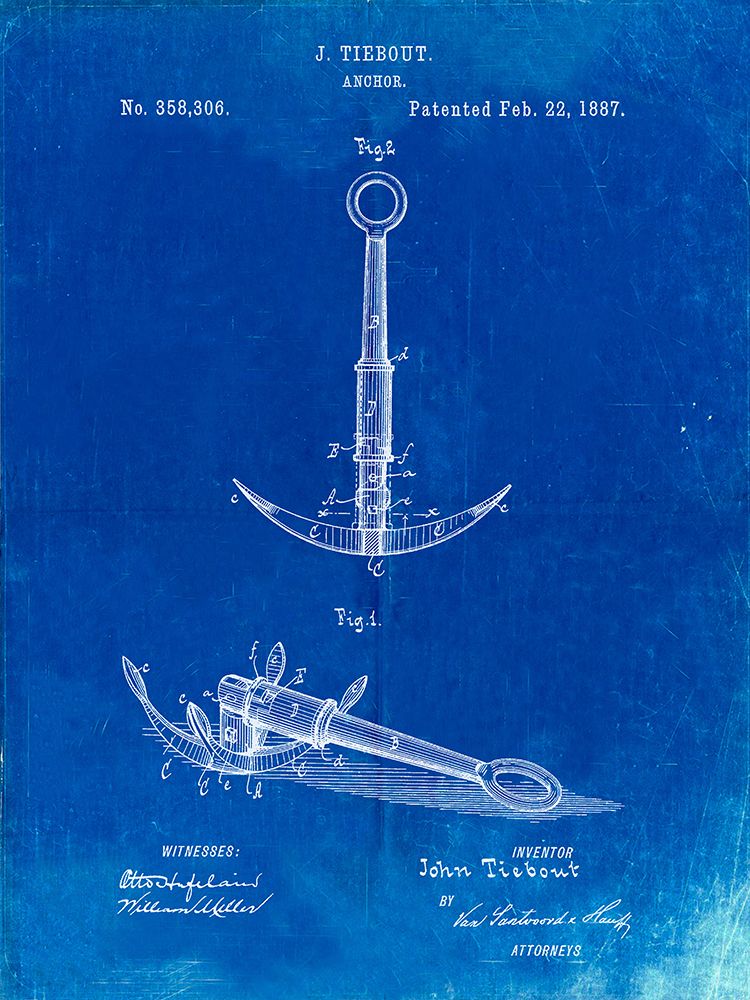 PP821-Faded Blueprint Folding Grapnel Anchor Patent Poster