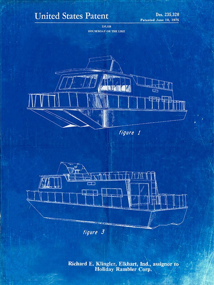 PP884-Faded Blueprint Houseboat Patent Poster