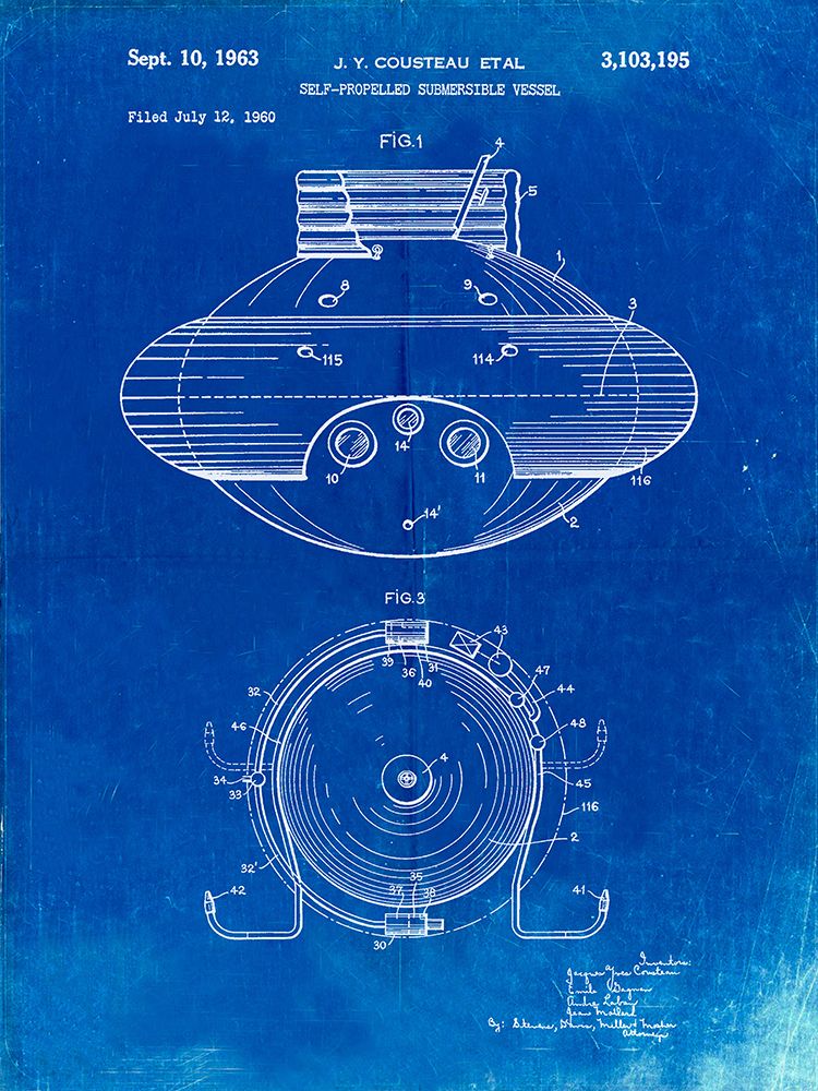 PP898-Faded Blueprint Jacques Cousteau Submersible Vessel Patent Poster