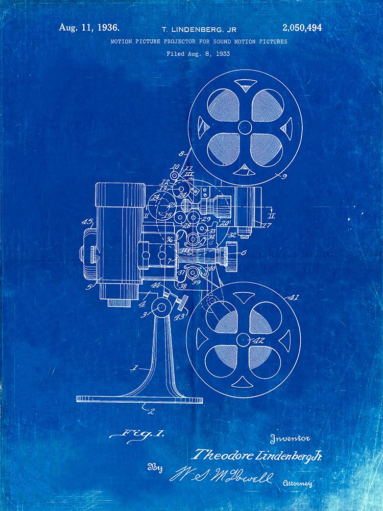 PP966-Faded Blueprint Movie Projector 1933 Patent Poster
